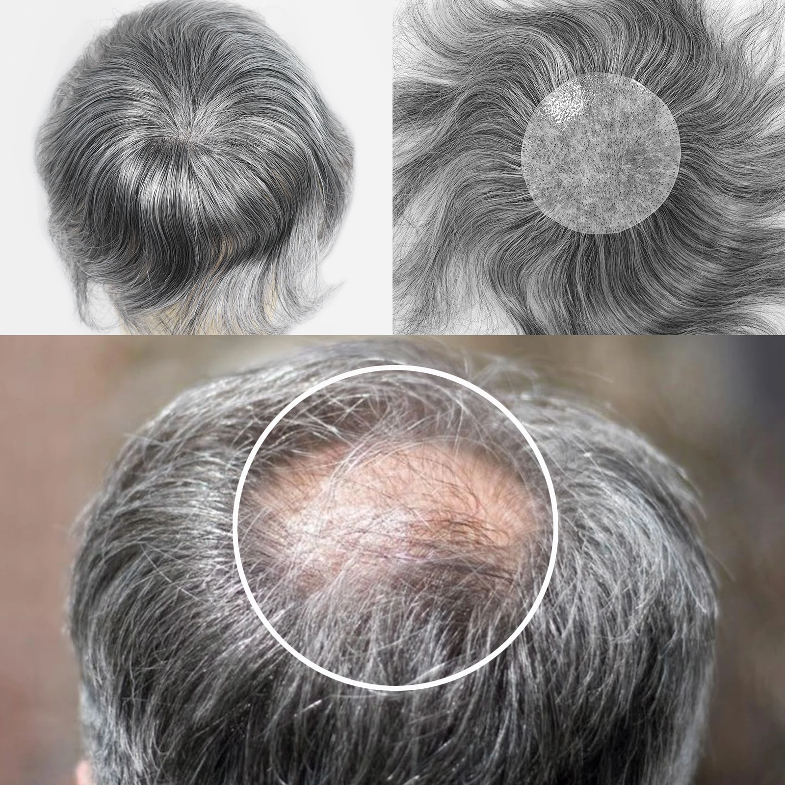 Black Mixed 60% Grey Bald Spot Hair Patch Toupee for Men 8x8cm PU Skin Cover-up Human Hair Patches Pieces Reaplcement Systems