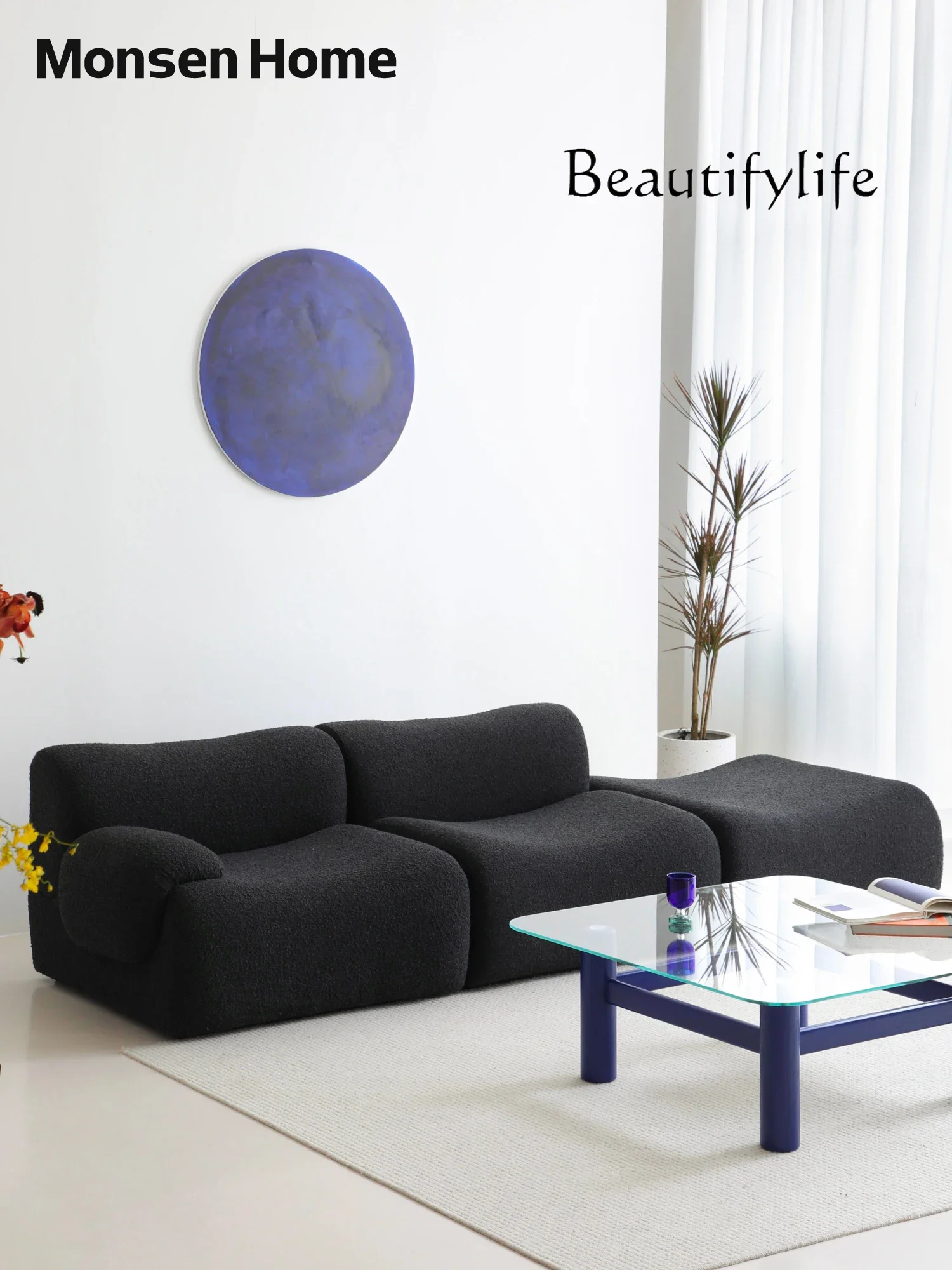 

Black Sofa Module Sofa Special-Shaped Combination Three-Seat Italian Minimalist Fabric Lambswool