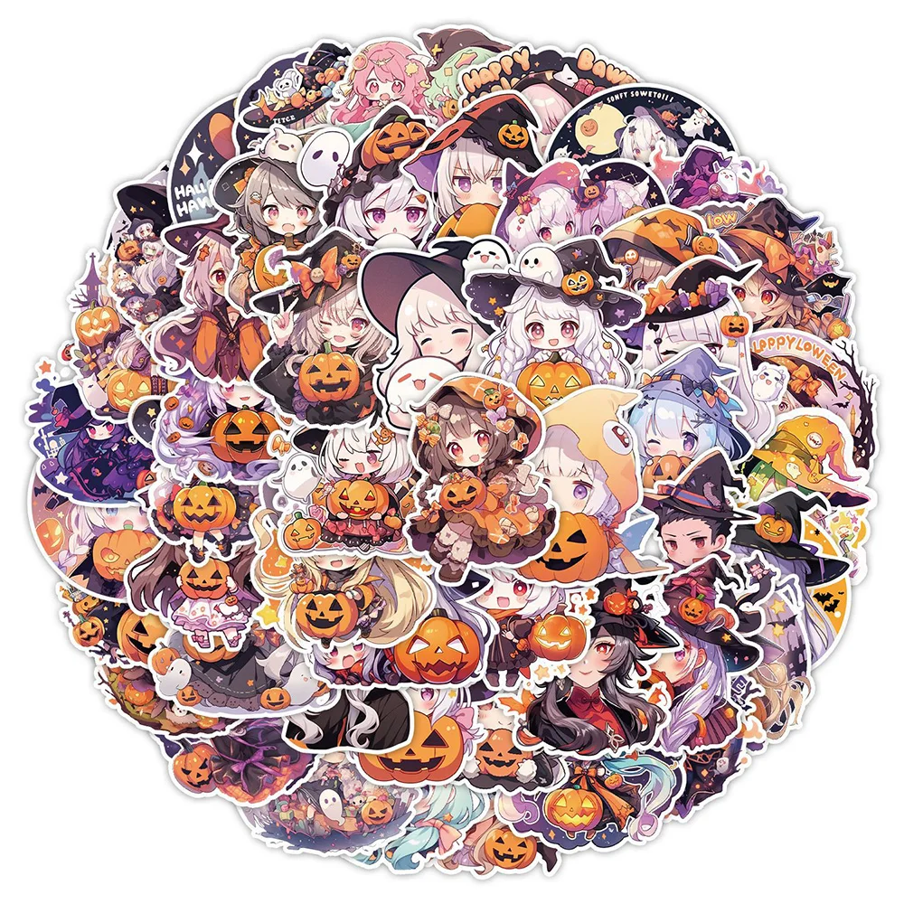 

10/30/50/100pcs Halloween Pumpkin Anime Girls Stickers for Laptop Bicycle Skateboard Waterproof Cute Cartoon Graffiti Decals Toy