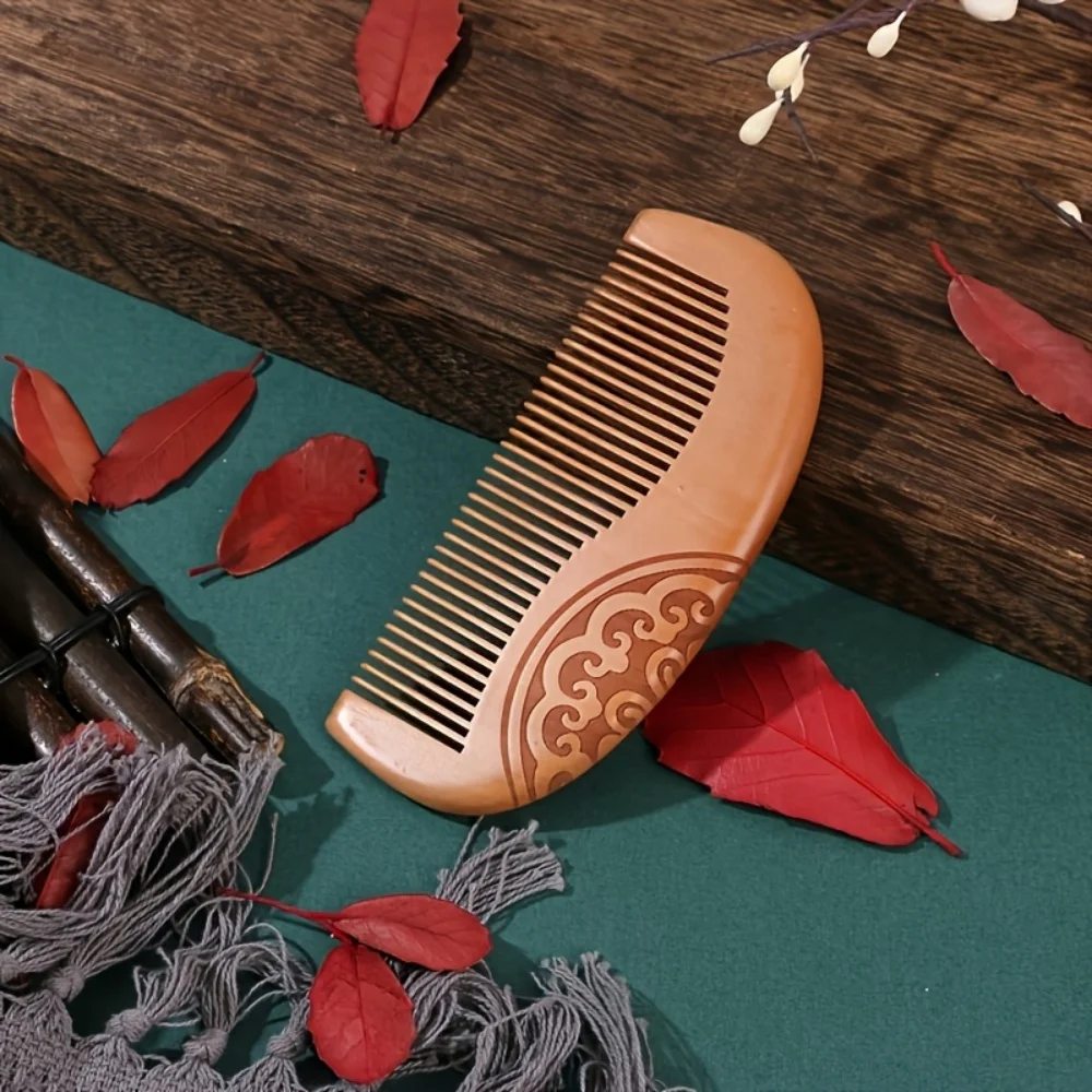 1 Natural Peach Wood Comb, Double-Sided Carved Hair Comb for Home Use, Straightening and Smoothing Hair Comb