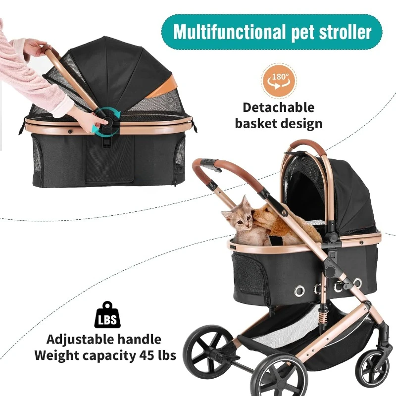 4 in 1 Pet Stroller,Folding Lightweight with Detachable Carrier,NO-Zip 180° Reversible Canopy,All Terrain 4-Wheel,45lbs Capacity