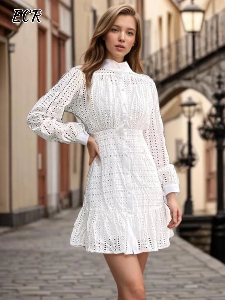 

ECR Hollow Out Solid Mini Dress For Women Stand Collar Long Sleeve High Waist Spliced Single Breasted A Line Dresses Female New