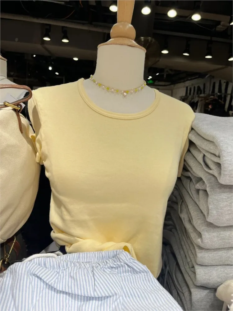 Manteiga amarelo básico magro camiseta feminina casual all-match em torno do pescoço manga curta algodão camisetas doce simples básico tshirt topo