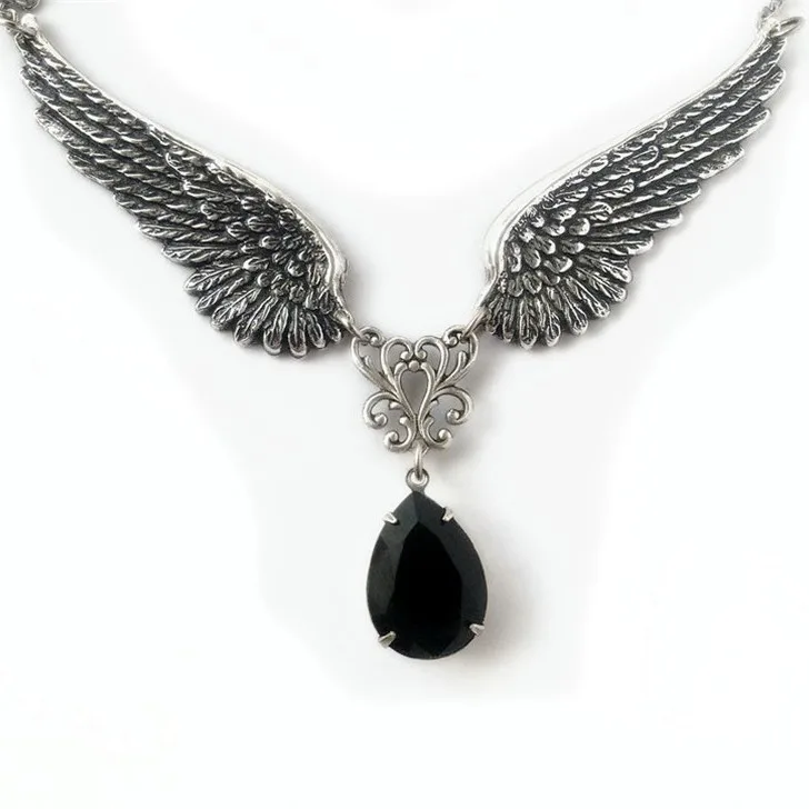 

New Gothic Necklace Angel Wings Necklace Gothic Jewelry Black Pendant Necklace