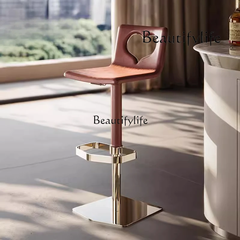 

Burgundy Bar Chair Home High Chair Light Luxury Minimalist Stainless Steel Lifting Rotating Leather Bar Chair