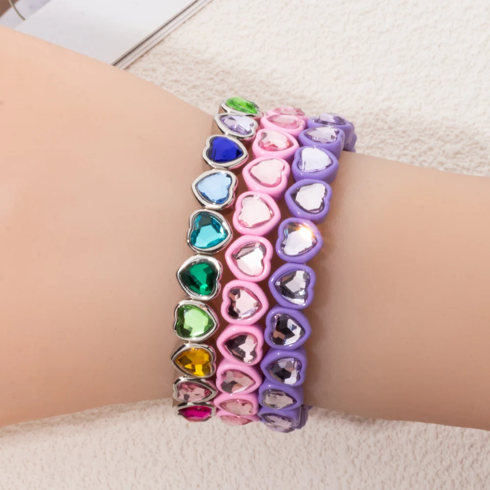 New Colorful Rhinestone Heart Girl Bracelets Crystal Beads Enamel Women Bangle 2024 Fashion Jewelry