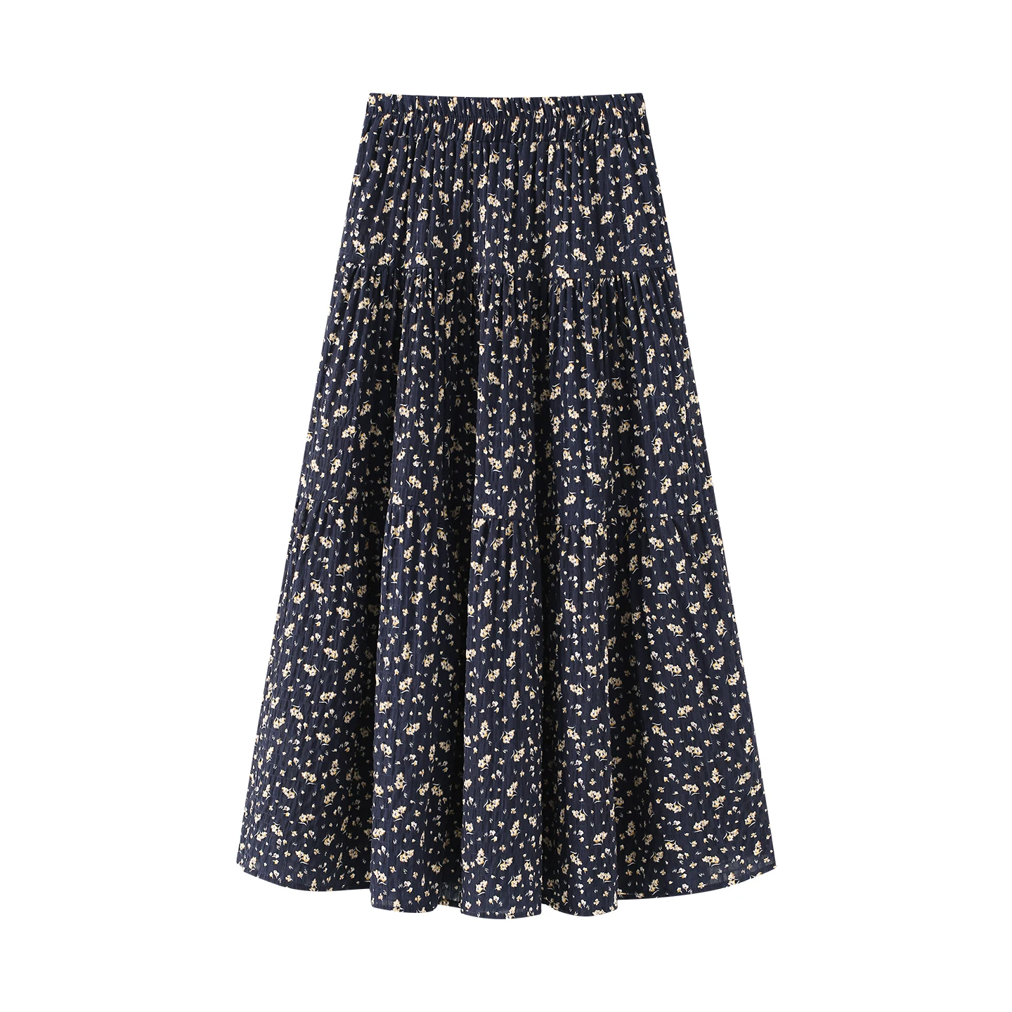 

Vintage Small Floral Print Tiered Layer Skirt Ladies Elastic Waist Flared Midi A Line Boho Casual Skirt