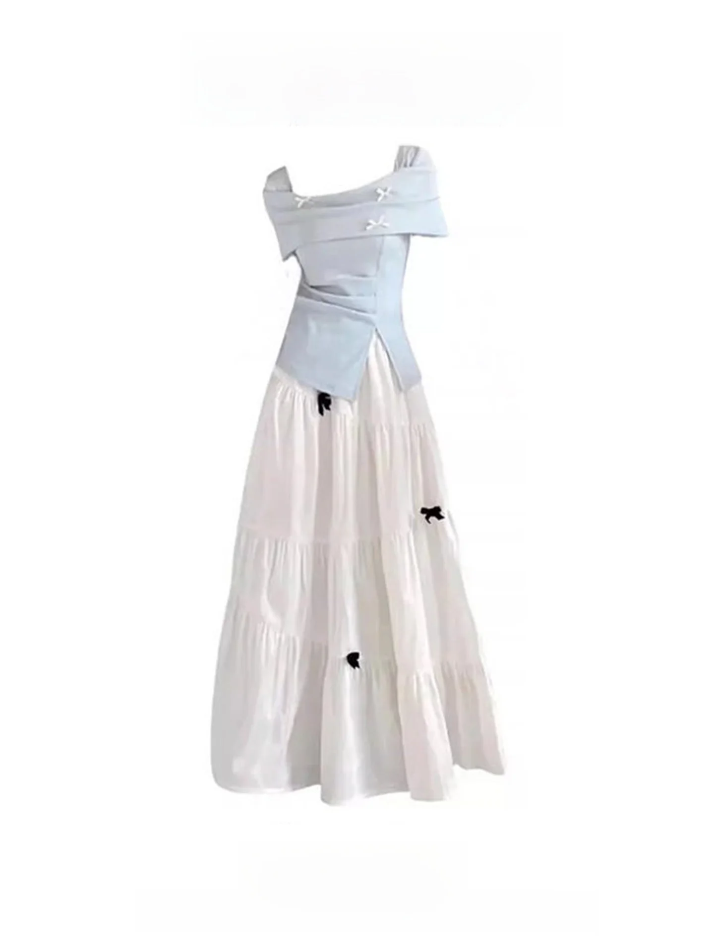 

Летний синий комплект: топ с коротким рукавом и юбка с высокой талией, женский модный ансамбль в повседневном стиле, юбка миди с высокой талией