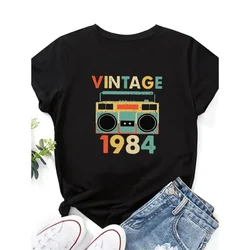 Vintage 1984 rejestrator drukuj Plus Size dorywczo moda t-shirt damski z krótkim rękawem bawełniany O dekolt luźny damski t-shirt