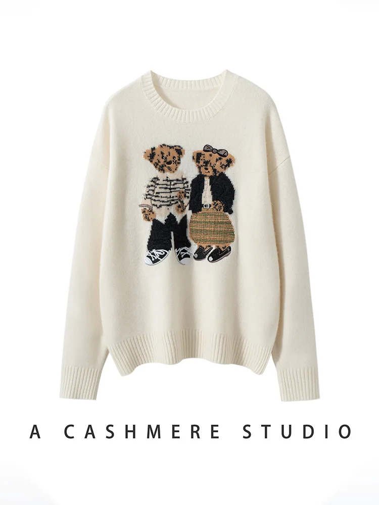 

Adorable Casual Pullover Sweater 100% Cashmere Women Autumn Winter Sweater Warm Bear Pattern Embroider O-Neck Cute Style Clothes