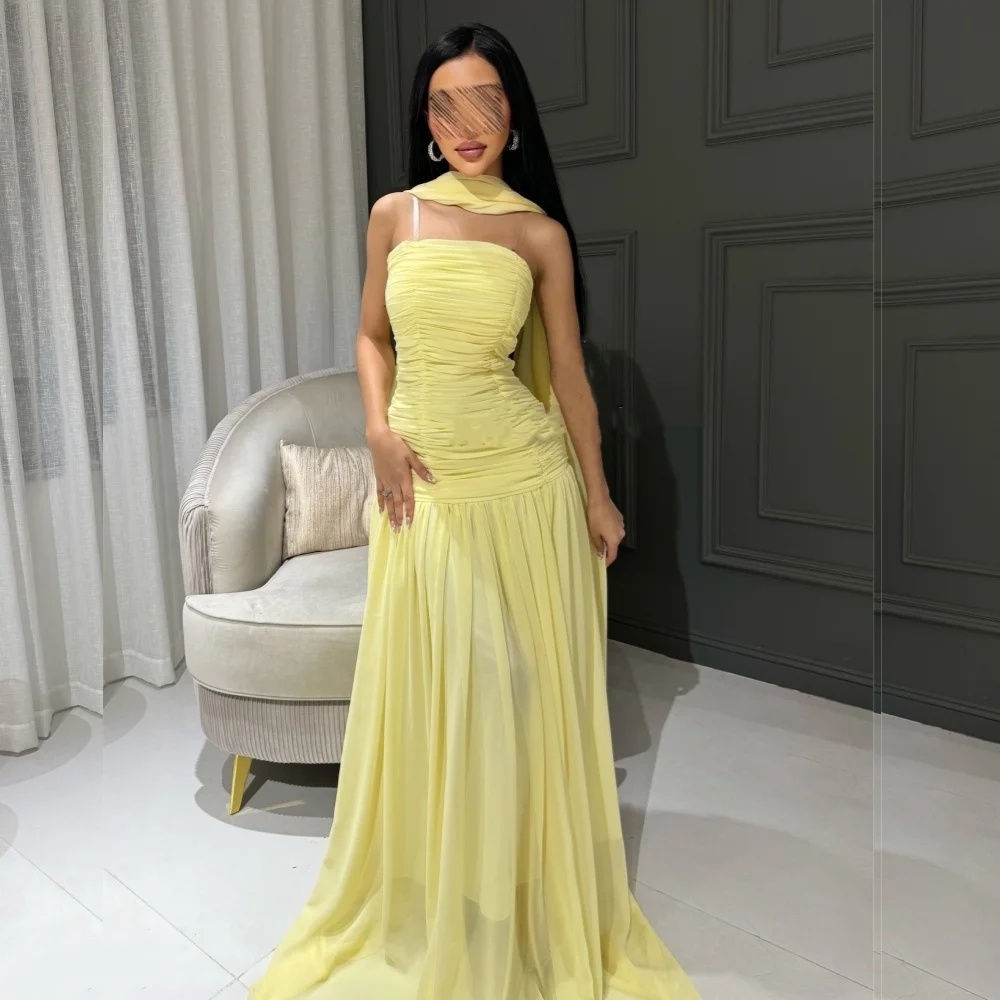 

Customized Matching Fashion Chiffon Pleat Ruched Draped A-line Strapless Long Dresses Bespoke Occasion Dresses Modern Style