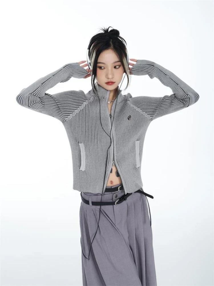 

Knitted Sweater Grunge Slim Zipper Top Y2K Retro Gray Cropped Cardigan Women Harajuku Kpop EmbroideryKorean Streetwear