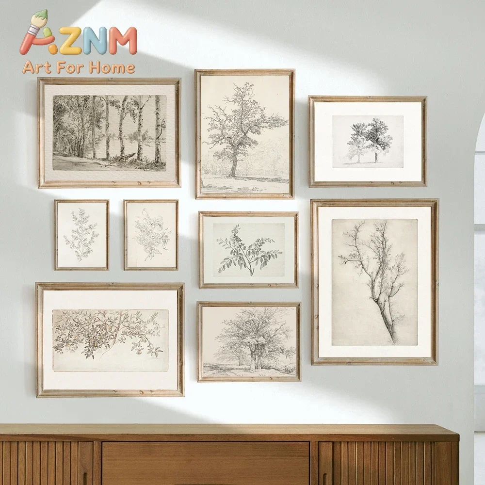 AZNM Vintage Tree Sketch Canvas Wall Art, Antique Botanical Plant Pencil Drawing Print, Neutral Wabi Sabi Poster, Unframed Canva
