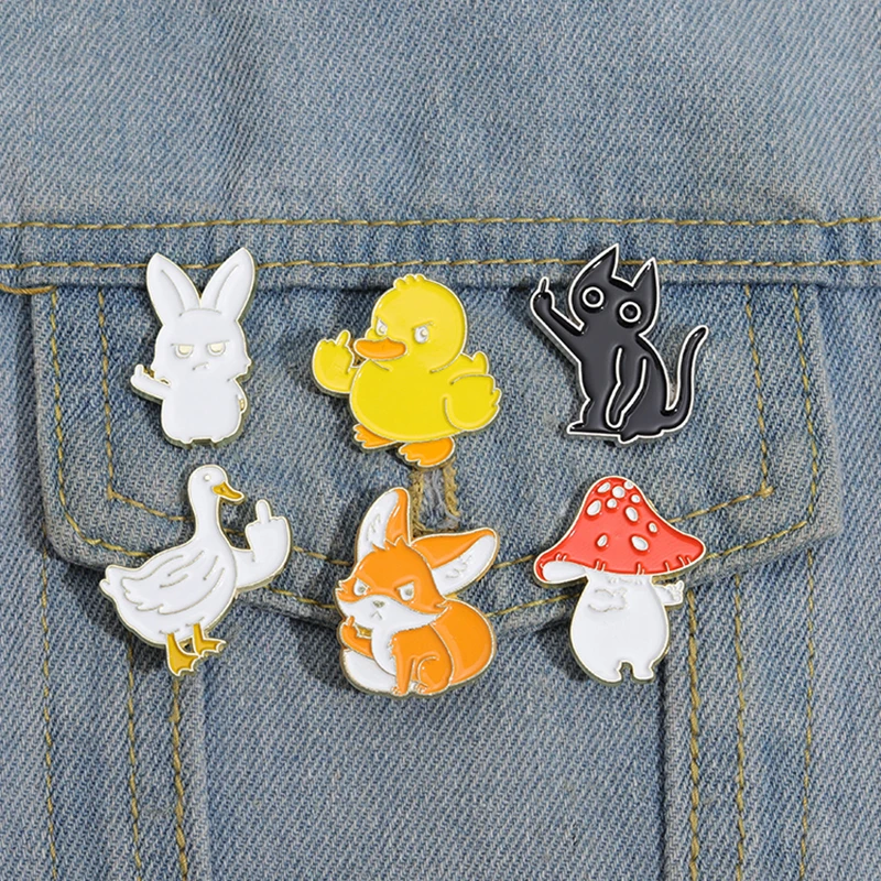 

Sarcastic Enamel Pins Custom Animal Rude Finger Brooches Lapel Badges Cartoon Fox Rabbit Duck Cat Jewelry Gift for Kids Friends