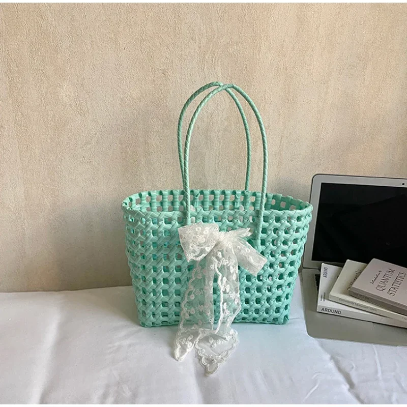 Koreanische Hohlgeflochtene Schleifen-Handtasche, Süße Einfarbige Gemüsekorb-Tasche, Lässige Vielseitige Schultertasche mit Großer Kapazität, Neu – Detail 8