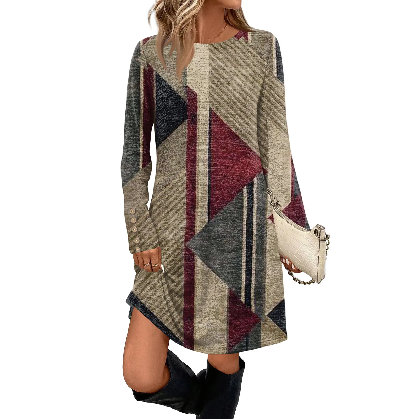 أزياء المرأة التي شيرت نمط هندسي المتضخم طويلة الأكمام تي شيرت اللباس المرأة طويلة مخطط قمم تيز فساتين سيدة الملابس #1