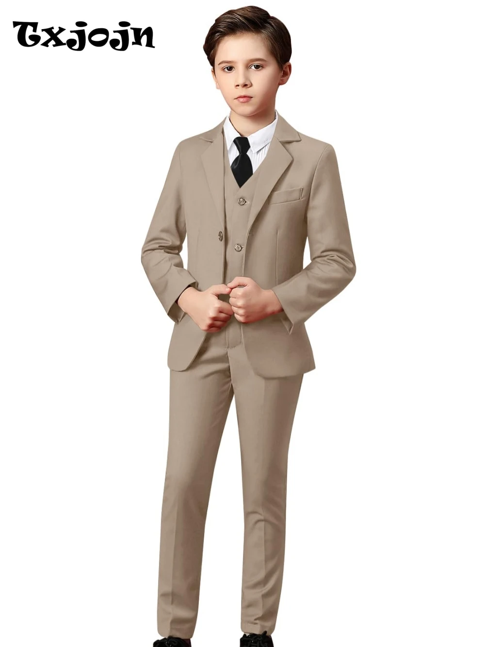 Txjojn الأولاد الصلبة البدلة مجموعة 3 قطع مثالية للحفلات الذكية أنيقة محززة التلبيب الاطفال الدعاوى خاتم الزواج حامل الزي 2-20T #1