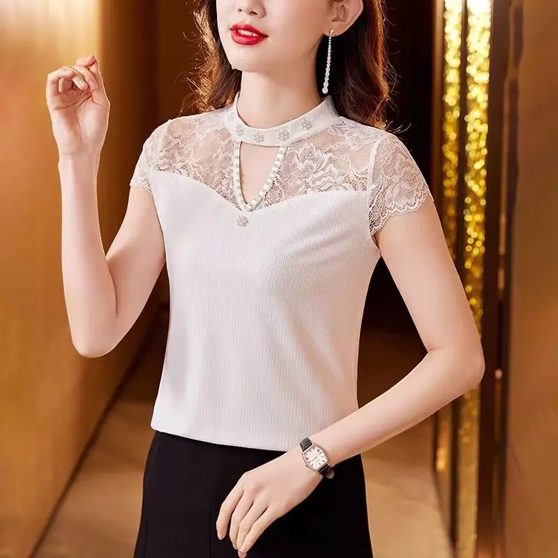 

New Summer Women's Solid Colors O-Neck Short Sleeve Slim Lace Hollow Out Thin Knitted Pullovers Fashion All-match Commute Tops