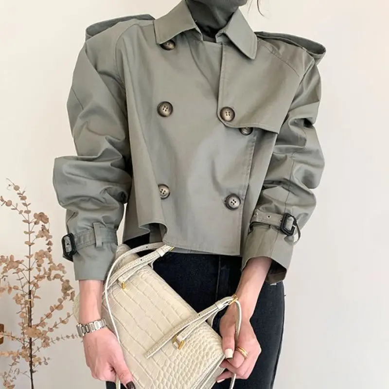 Korean Chiccq Retro Lapel Design Sense Double-breasted Loose Versatile Long-sleeved Short Trench Coat Female Niche Temperament