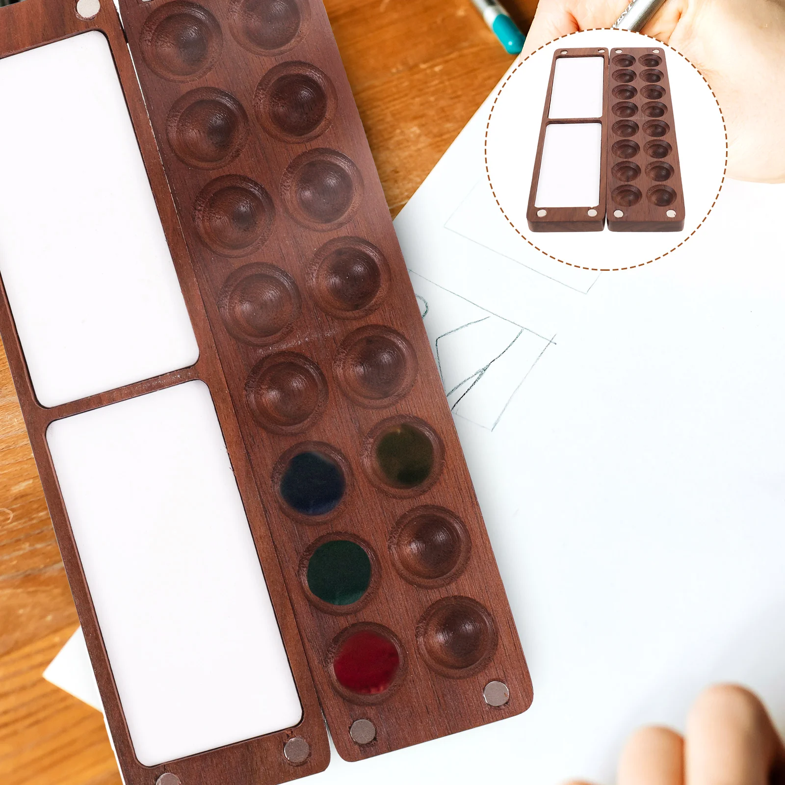 Paint Pallet with Lid Wooden Palette Mixing Painting Tray Watercolor DIY Pigment Case Child