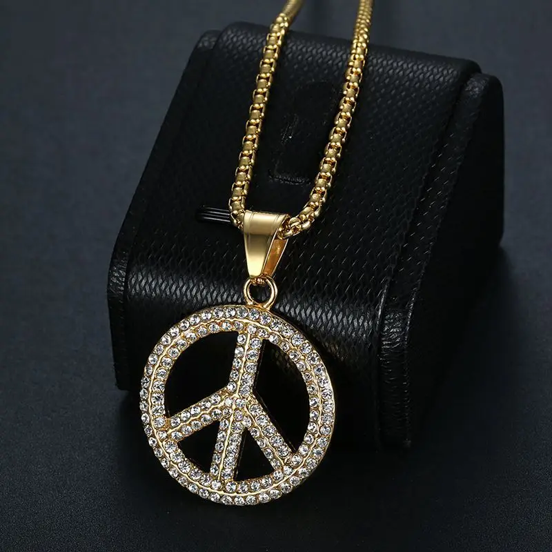 Hip Hop Rhinestones Pave Bling Iced Out Gold Silver Color Stainless Steel Peace Sign Pendnats Necklace for Men Rapper Jewelry