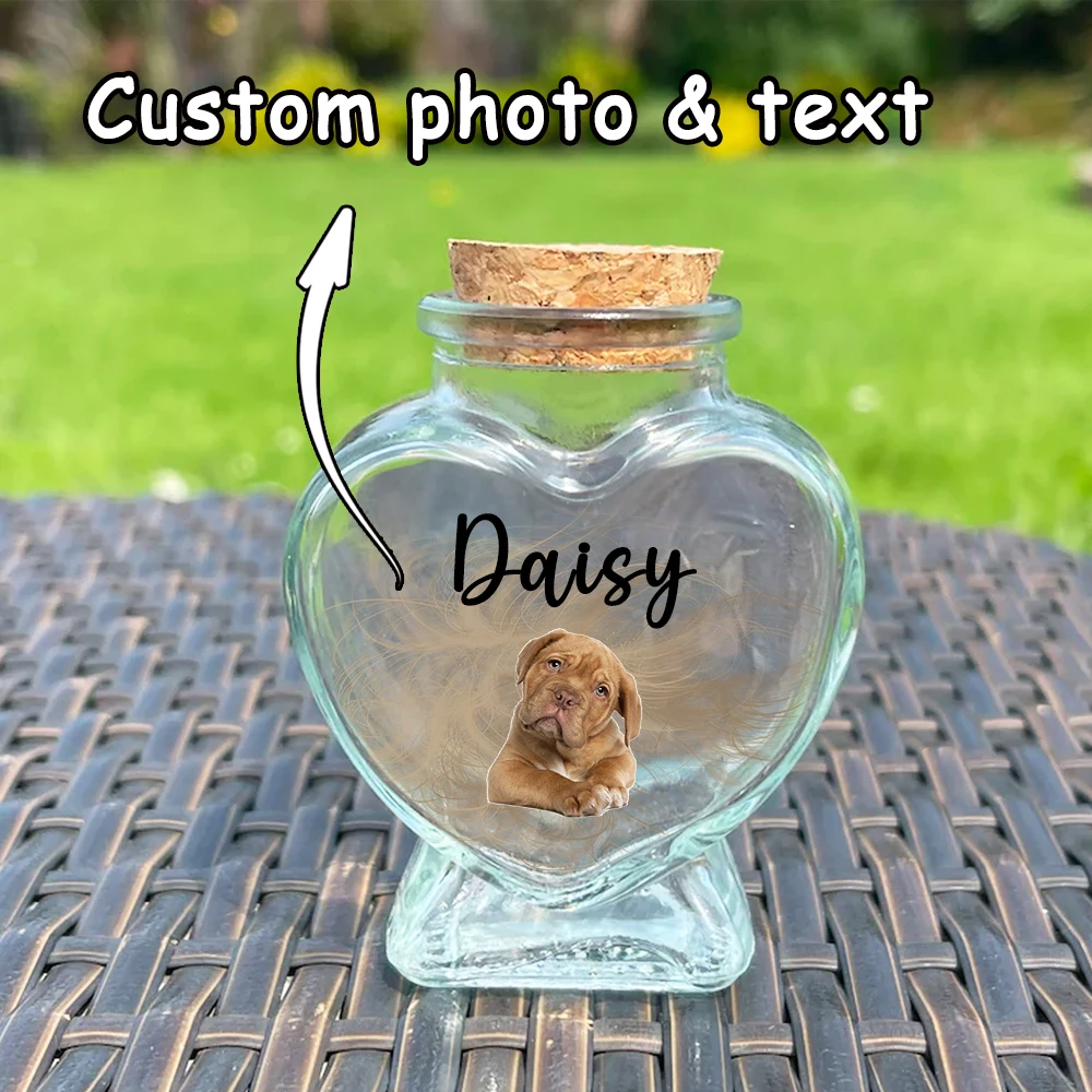 Personalized Pet Memorial Jar with Custom Photo & Text, Glass Pet Ashes/Hair Keepsake, Pet Loss Sympathy Gift for Dog Cat Lovers
