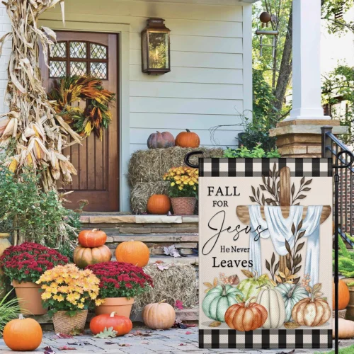 Fall for Jesus Garden Flag 12x18 Inch Double Sided Fall for Jesus He Never Leave