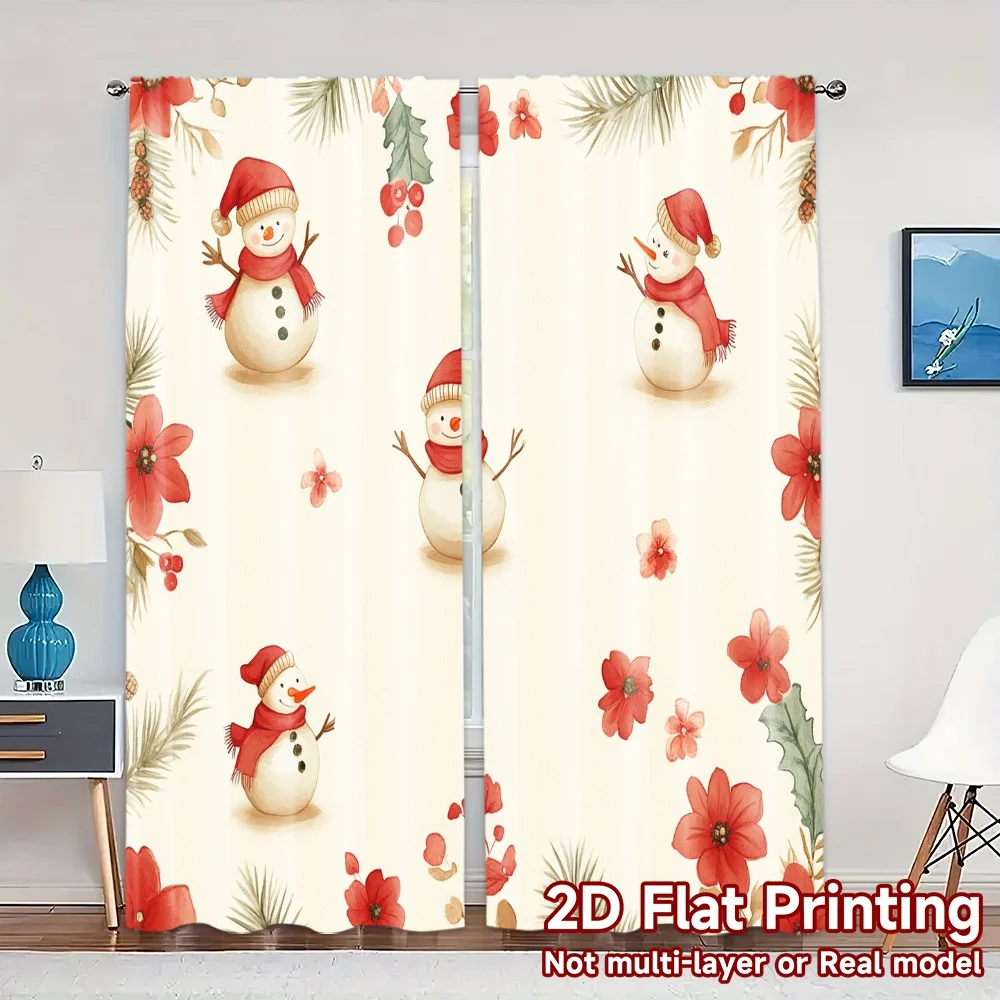2pcs,Curtains Cute Snowmen And Bird Border (3) Popular Curtains Digital Printed Prints Light Filtering Curtains Decorations For