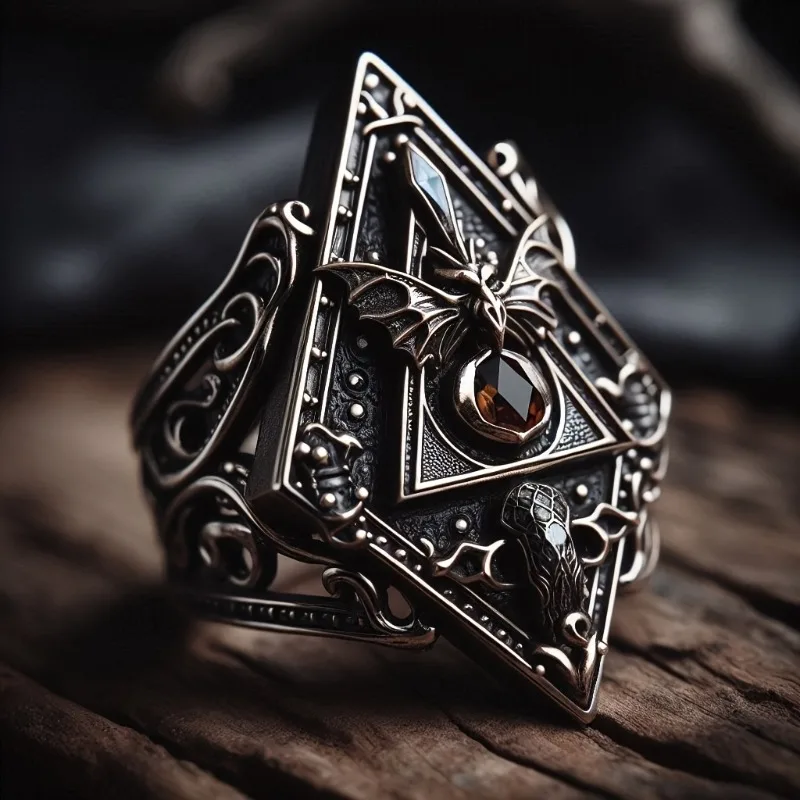 Vintage Bat Rhombus Ring Gothic Jewelry with Zirconia Stones Unisex Halloween Gift for Men Women Daily Wear & Party Accessories