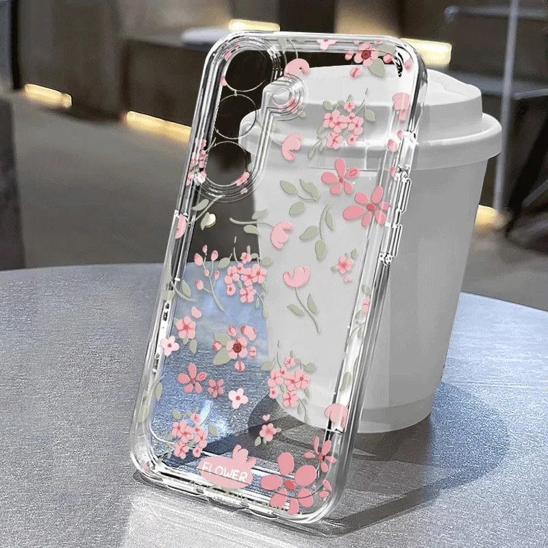 Flower Branch Pattern Clear Phone Case For Samsung Galaxy A16 A36 A15 A35 A55 A54 A53 5G S26 Ultra S25 Plus S24 FE S23 S22 Cover