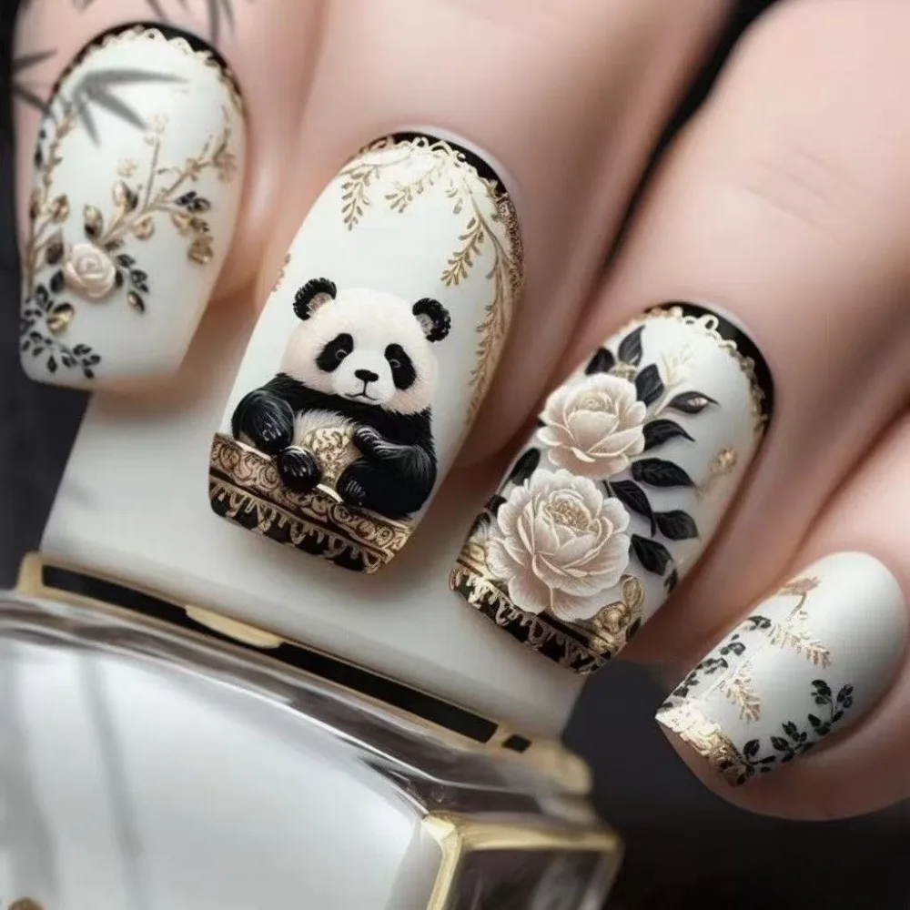 Cute Panda Cartoon Fake Nails with Glue Spring Flower Printing Design Acrylic Nail Set Fake Nails Artificial Nails Set Press On