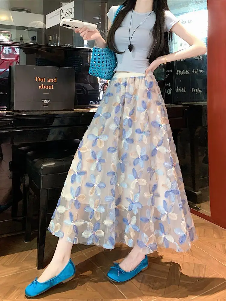 

Vintage Women Mesh Flower Embroidery High Waist Pleated Long Skirt Summer Elegant Festival Party Skirt 2025 Bohemian Streetwear