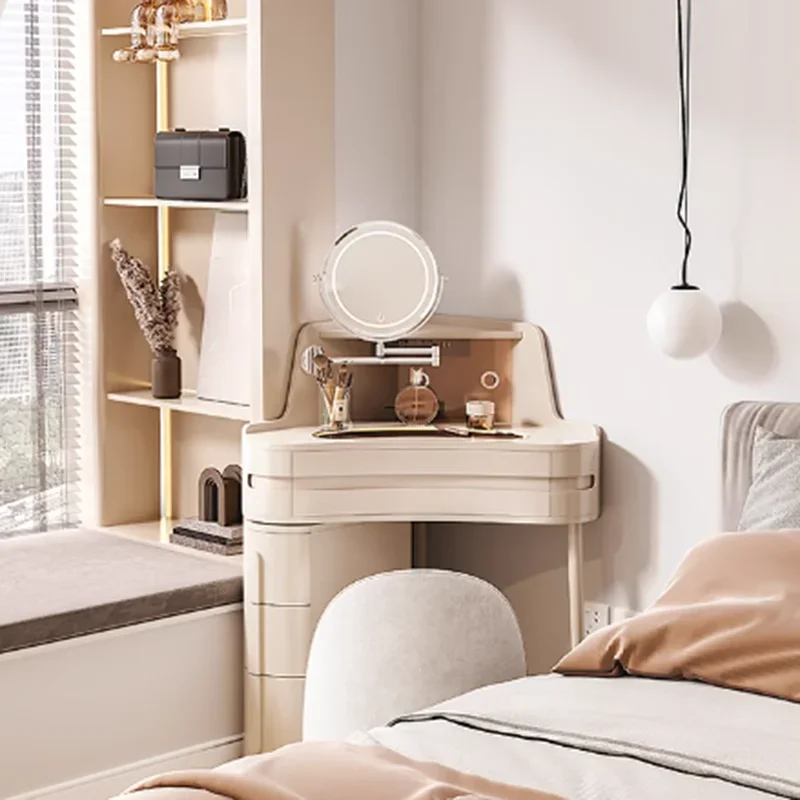 

Outlet Nordic Glass Vanity Table Storage Mirror Lights Stool Drawers Girl Dressers Makeup Cabinet Luxury Penteadeira Furniture