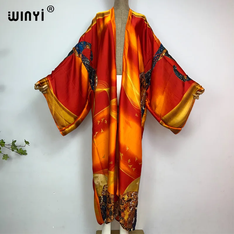 

WINYI Kimonos Women Classic Africa printing Bikini Cover-ups Elegant Long Sleeve Cardigan Loose beach Sexy Covers party kaftan