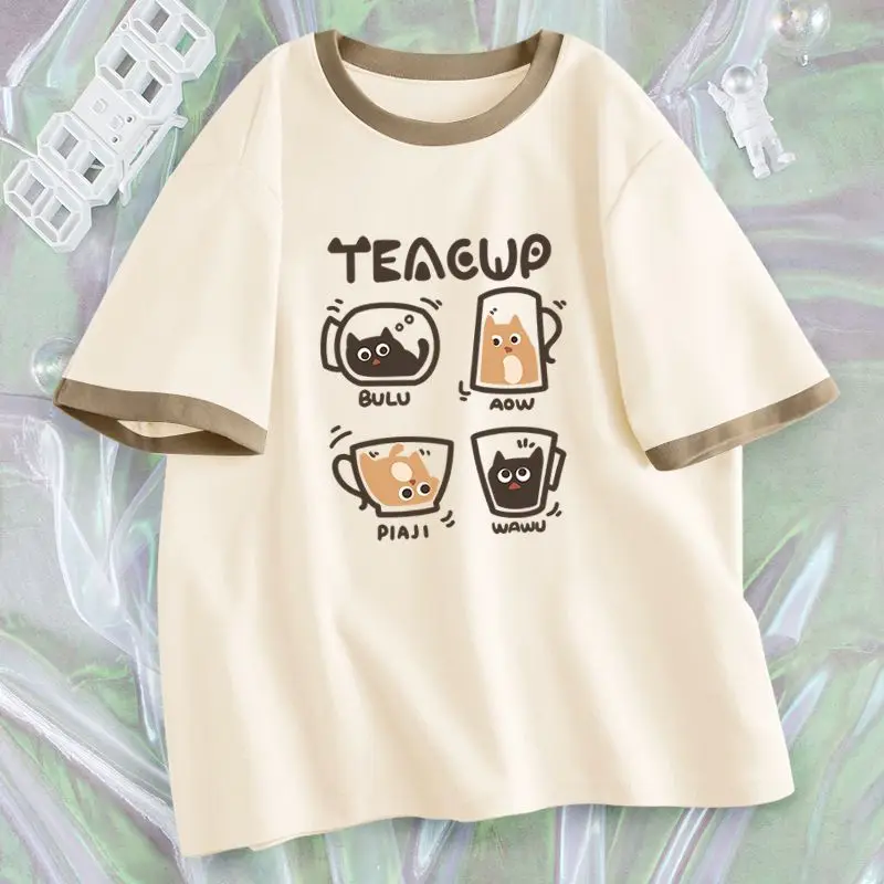 New Summer Funny Rabbit Short Sleeve T-shirt Women Men Cotton Loose Relaxed Simple Girls Short Top Round Neck Clothes Harajuku