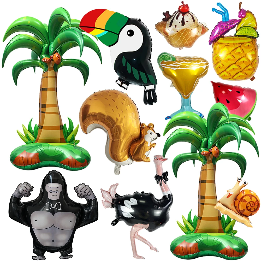 Sommer Hawaii Party Deko Kokospalmen Sträucher Tukan Eichhörnchen Strauß Gorilla Schnecke Ananas Wassermelone Getränke Folienballon