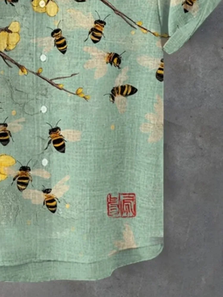 Men's A Bunch Of Bees Surround Yellow Plum Blossoms Art Print Short Sleeve Shirt Boho Blouse Single Breast Summer 2025 Tops Male
