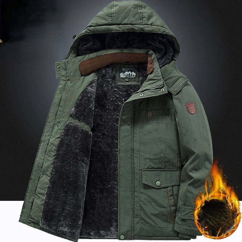 

Autumn Winter Men Cotton Jacket Fleece Parkas Military Warm Windproof Thick Pockets Outdoor Windbreaker Embroidery Hooded Coats