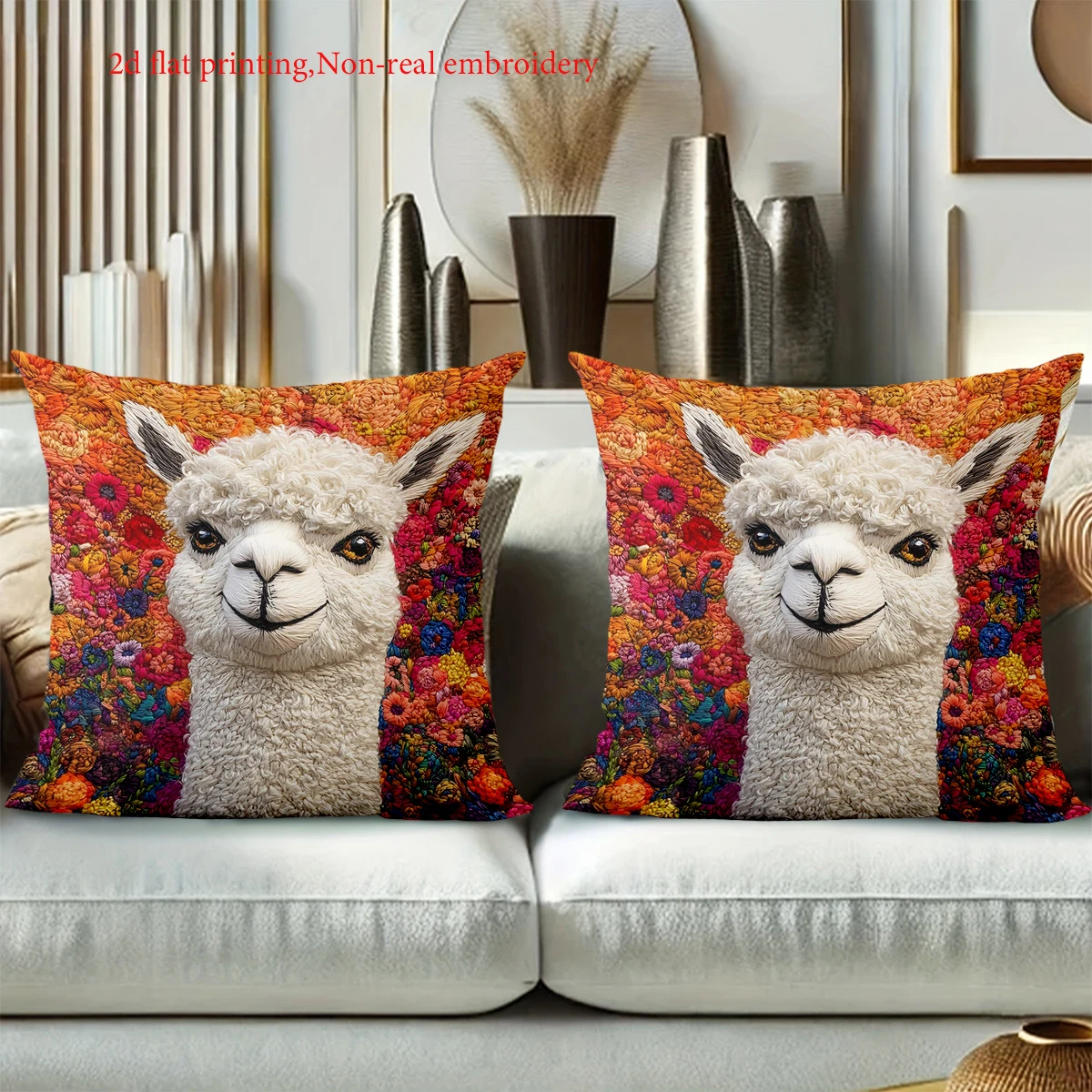 2D flat printing Colorful Alpaca Pillow with 2d Flat Printing Design Polyester pillowcase sofa decorative cushion cover
