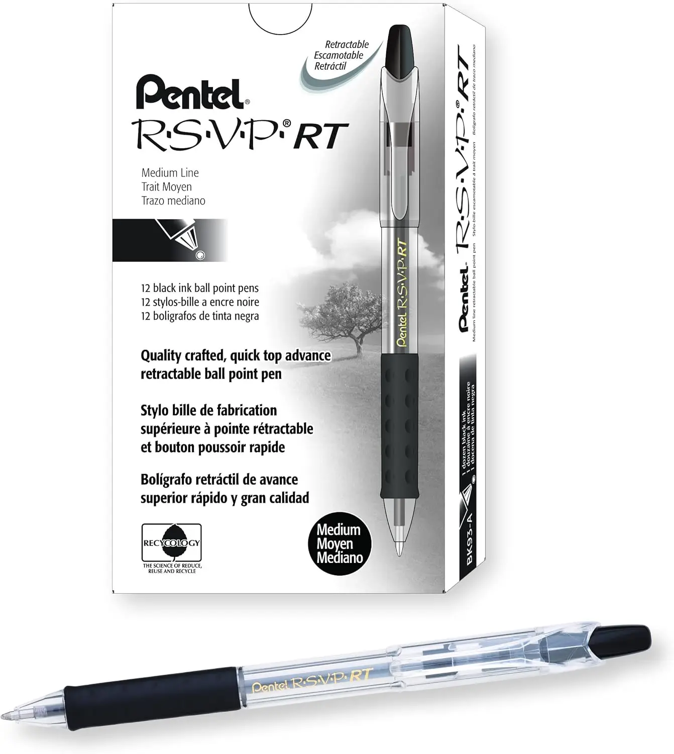 

Retractable Ballpoint Pen, 1.0mm Medium Point, Black Ink, Box of 12 - Smooth Writing, Comfort Grip