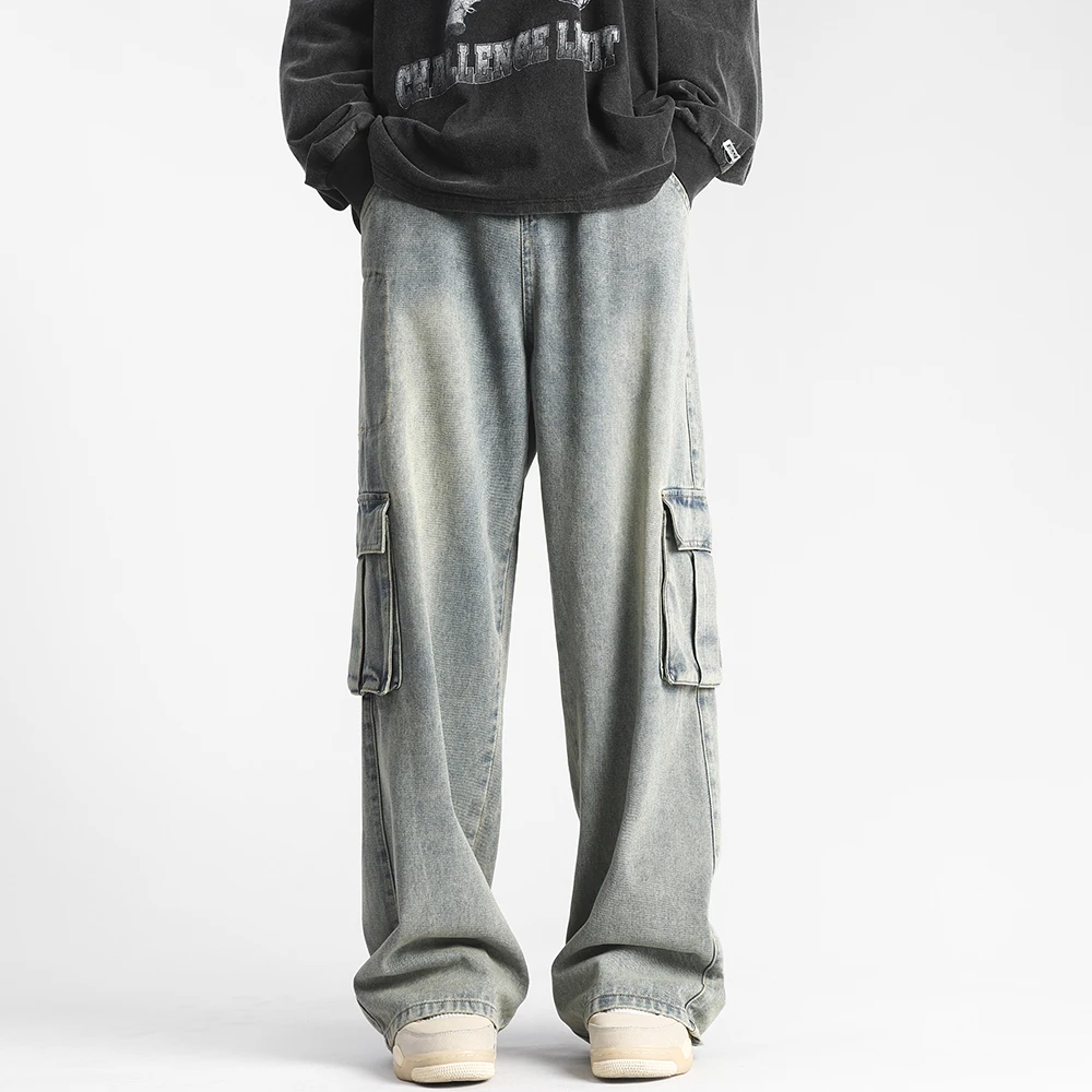 2024 Men's Denim Pants Vintage Washed Multi Pocket Elastic Waist Drawstring Denim Wide Leg Pants Casual Fashion Baggy Pants