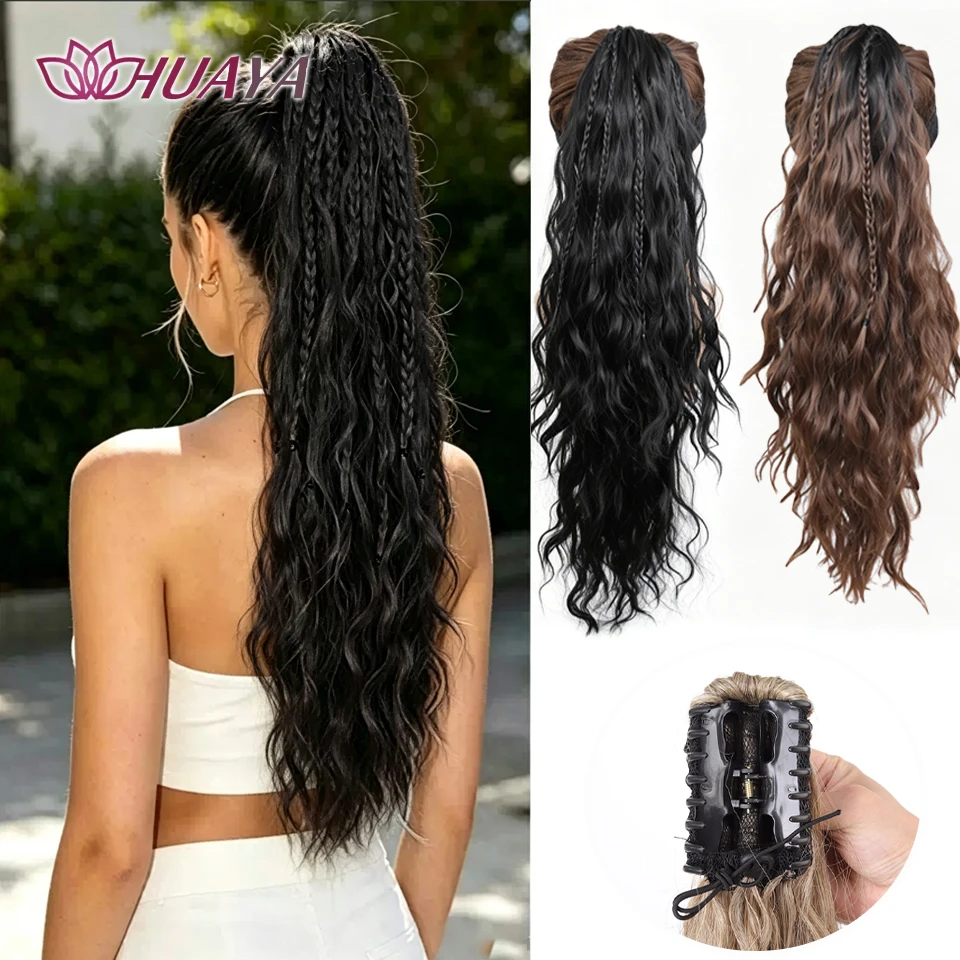 

Synthetic Claw Clip Water Wave Ponytail With Braided Hair Fluffy Water Wave Roll Suitable For Women's Daily Use ﻿