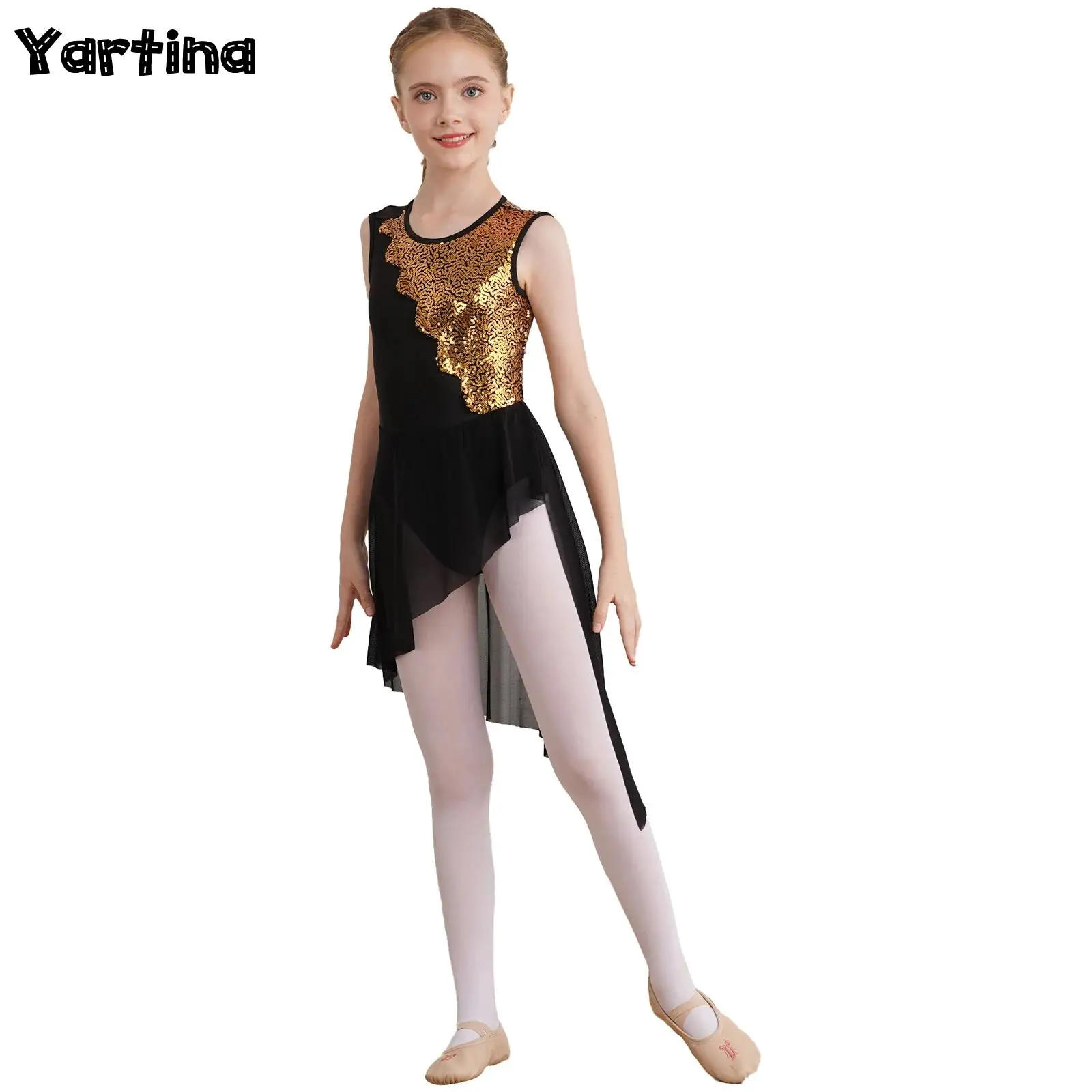 Kids Girls Ballet Tutu Skirt Lyrical Dance Dress Shiny Sequins Patchwork Irregular Hem Hollow Back Modern Jazz Dance Dress