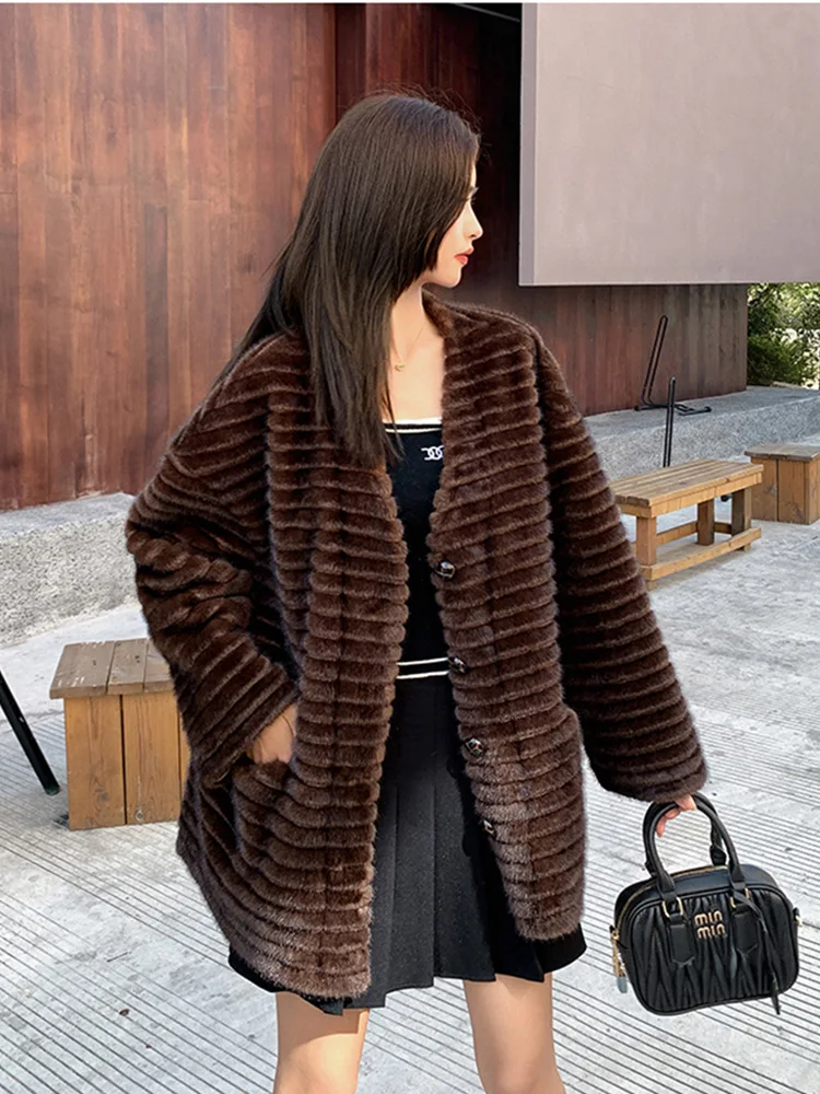 Imitation Mink Fur Coat for Women V-Neck Fluffy Jacket Vintage Luxury Overcoat Eco Fur Casual Clothes One Piece Winter Jacket