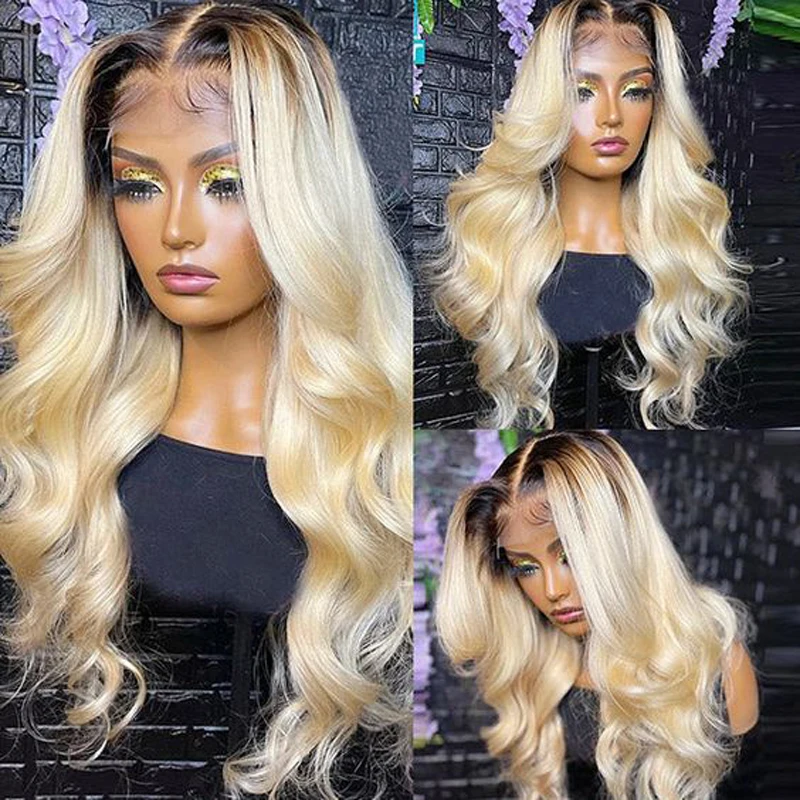 180% Dichtheid 26Inch Zacht Ombre Blonde 613 Body Wave Pretokkelde Natuurlijke Haarlijn Lijmloze Kant Voorkant Pruik Voor Zwarte Vrouwen Babyhaar