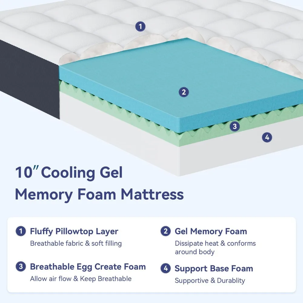 Queen Size 12 Inch Memory Foam Mattress - Gel Cooling, Pressure Relief, CertiPUR-US Certified, Fiberglass-Free