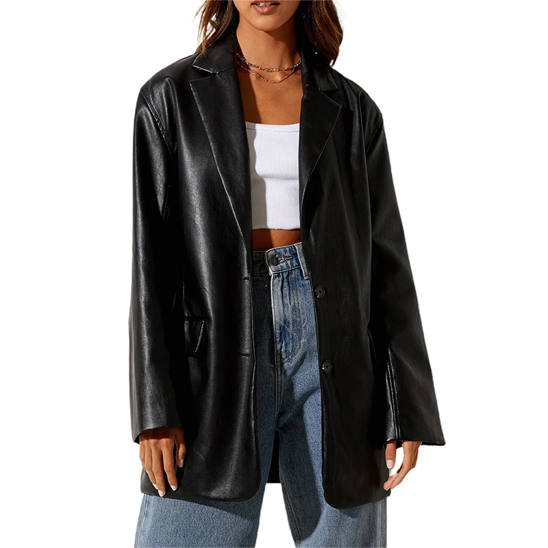 

Women Cool PU Leather Coat Spring Fall Clothes Solid Tailored Collar Long Sleeve Suit Jacket Single-Breasted Outwear Streetwear