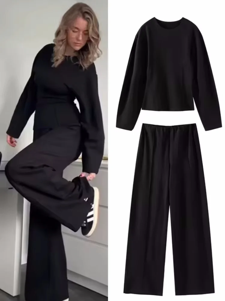 Fashion Retract Your Waist Full Sleeves O Neck Top Set Casual High Waist Loose Fold Women Pants Suit Spring Lady Commute Suits