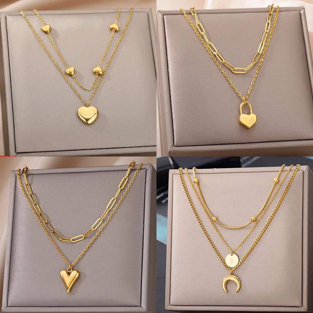 Meerlagige Hart Kettingen Voor Vrouwen Rvs Staal Goud Kleur Boze Oog Hanger Ketting Choker Ketting Bruiloft Sieraden Cadeau