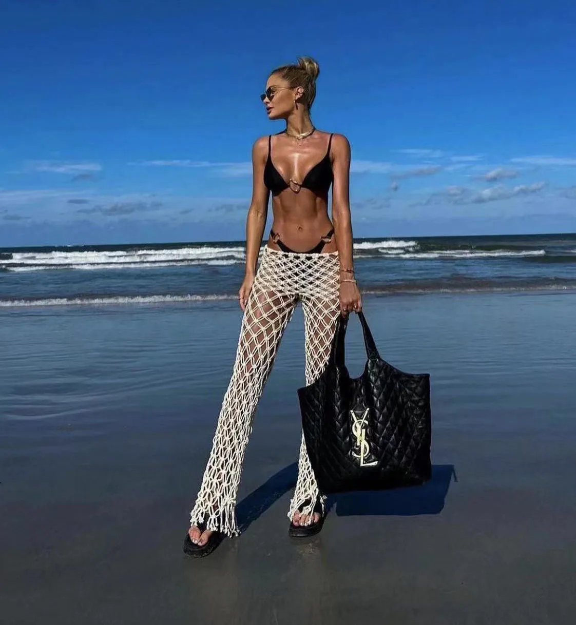 Beachapche, macramé de mano, pantalones sexis con borlas caladas, pantalones de moda 2025, trajes de baño para mujer, ropa de playa